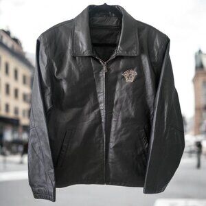 Men's Black Leather Jacket Outwear Stylish‎ Embroidery Front & Back -M